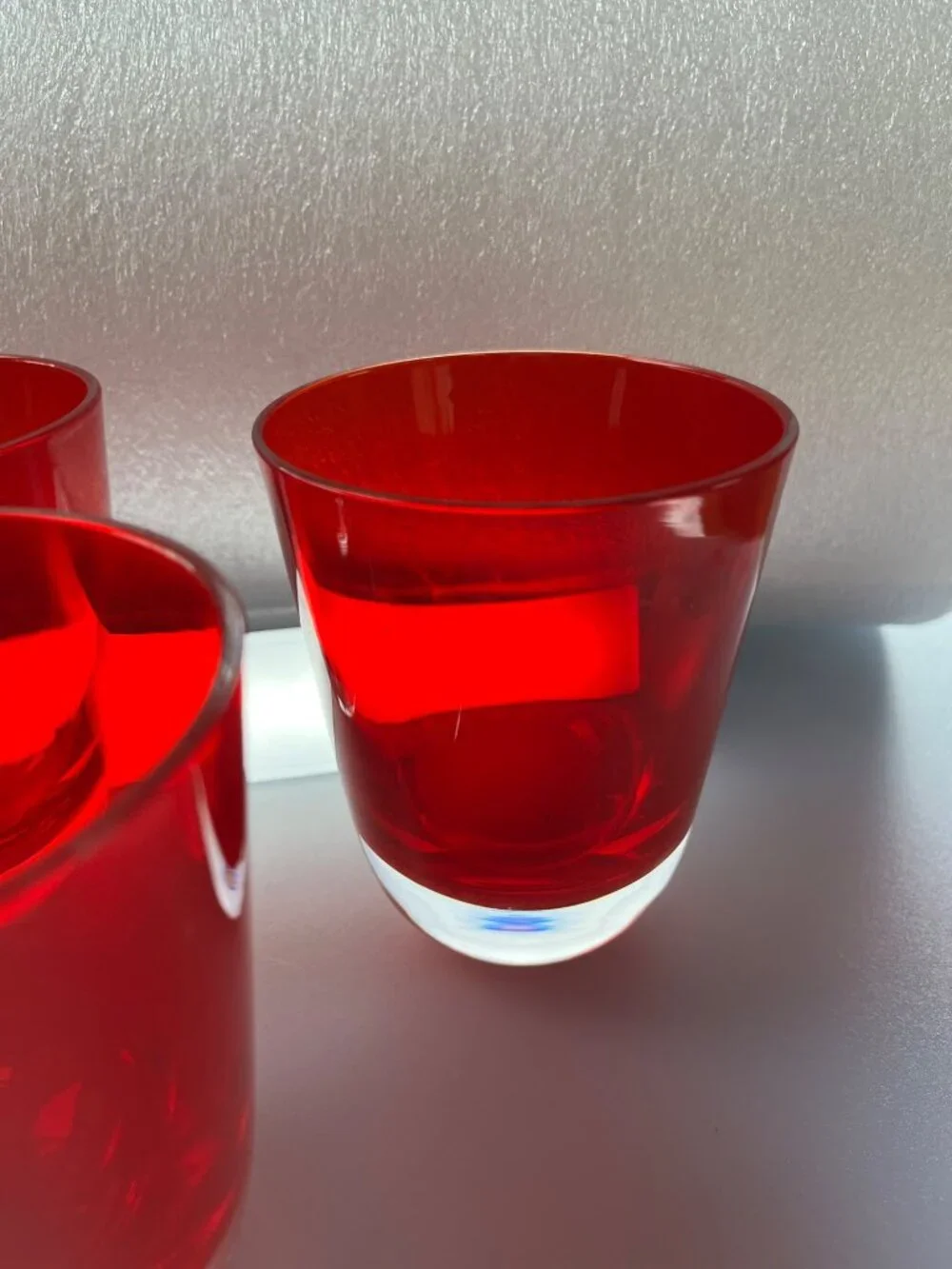 Set Of 4 Vintage Hand-Blown Red Glass Tumblers With Clear Bases - 4 Inches Tall